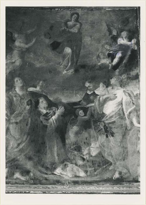 tableau, cadre : la Vierge en gloire entourée de sainte Catherine d'Alexandrie, saint Dominique, saint Thomas d'Aquin et sainte Marie-Madeleine, avec un portrait du donateur