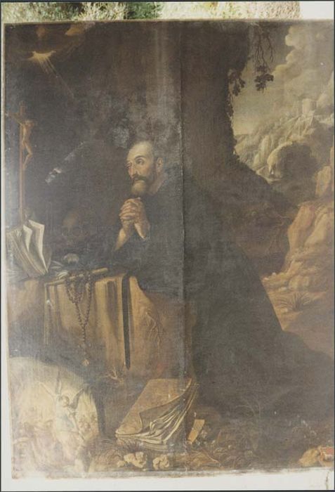 tableau ex-voto, cadre : Saint Nicolas de Tolentino intervenant auprès du Christ