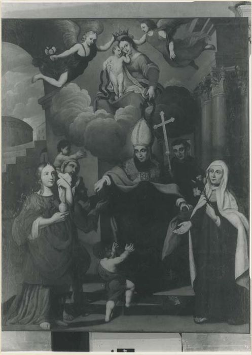 tableau : le Couronnement de la Vierge et saint Thomas de Villeneuve distribuant des aumônes entre sainte Marie-Madeleine, sainte Thérèse d'Avila, saints Laurent et Justinien - © Ministère de la Culture (France), Médiathèque du patrimoine et de la photographie, diffusion GrandPalaisRmn Photo