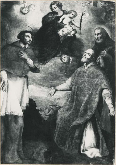 tableau, cadre : la Vierge glorieuse entourée de trois saints