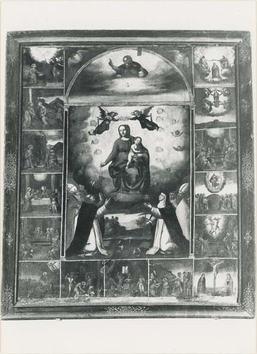 tableau, cadre : la Vierge donnant le rosaire, entourée des quinze mystères du rosaire - © Ministère de la Culture (France), Médiathèque du patrimoine et de la photographie, diffusion GrandPalaisRmn Photo