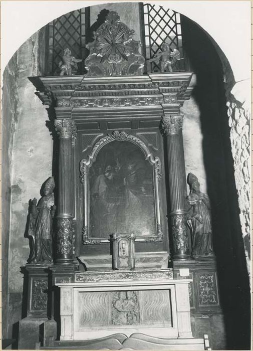 retable de saint Véran, autel, tabernacle, 5 statues : Saint Lambert, Saint Véran, Angelots, Colombe du saint Esprit