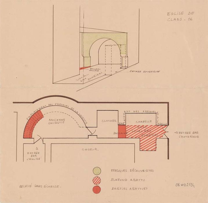 Plan des emplacements des peintures monumentales : la Vie de saint Antoine ermite, la Crucifixion ; Saint Michel