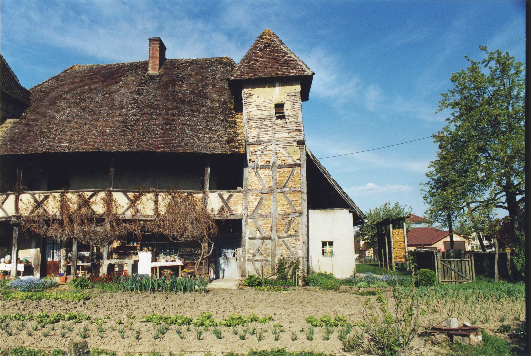 Partie nord de la façade est ; construction à pans de bois