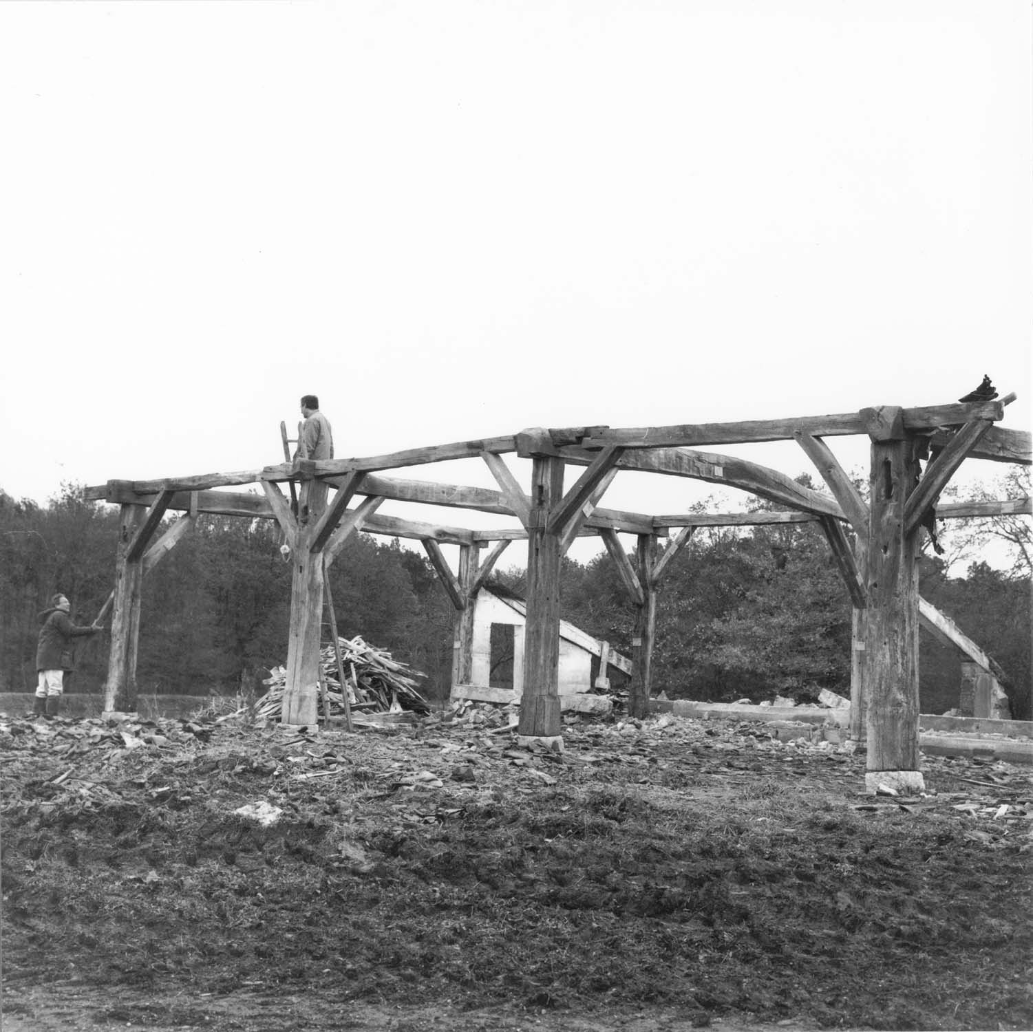 Poteaux après démontage de la charpente ; construction à pans de bois