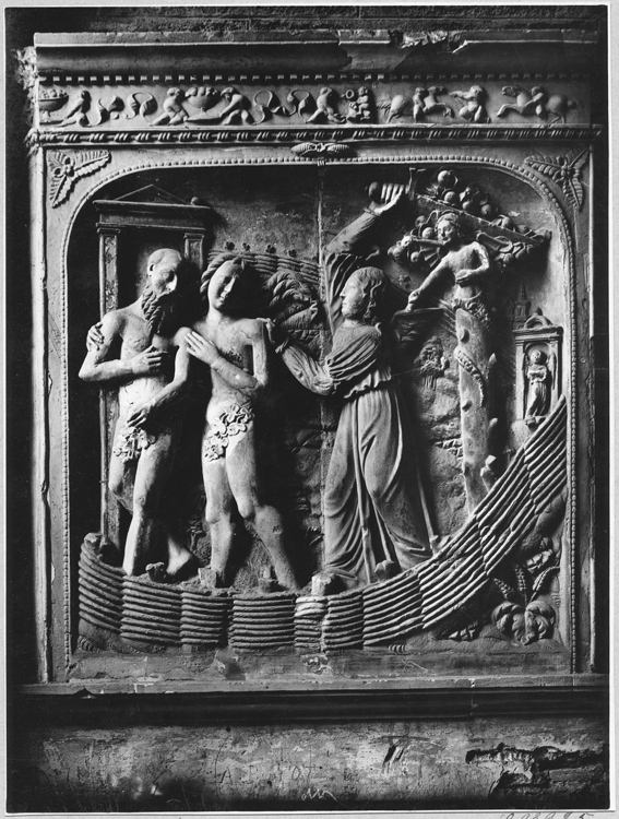 Bas-relief en albâtre : Adam et Eve chassés du paradis