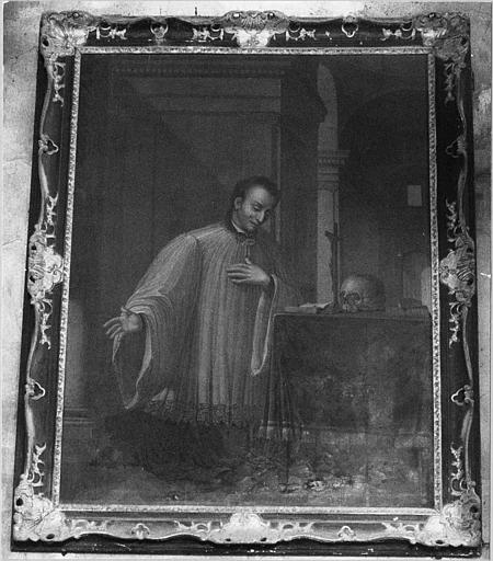 Tableau, cadre : 'Saint Louis de Gonzague en prière', huile sur toile, cadre en bois sculpté et doré