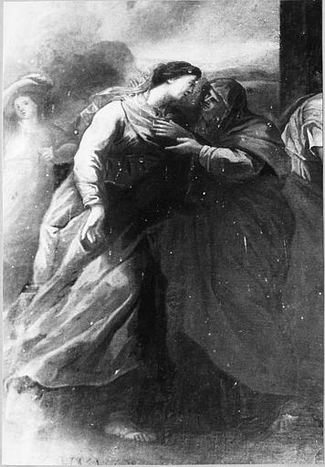 Tableau : 'La Visitation', détail de la scène centrale avec la Vierge et sainte Elisabeth, huile sur toile ; avant restauration