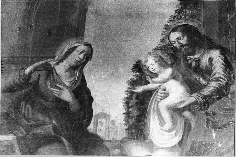 Tableau : 'La Sainte Famille', vue rapprochée sur la scène centrale, huile sur toile