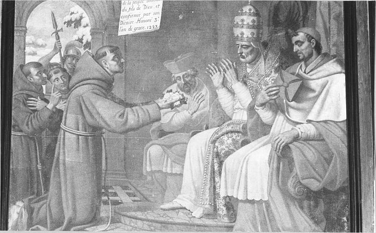 Tableau : 'Saint François d'Assise devant le pape Honorius III', vue rapprochée de la scène centrale, huile sur toile