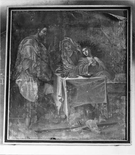 Tableau : 'La Sainte Famille', avec le Christ adolescent, huile sur toile ; avant restauration - © Ministère de la Culture (France), Médiathèque du patrimoine et de la photographie (objets mobiliers), tous droits réservés