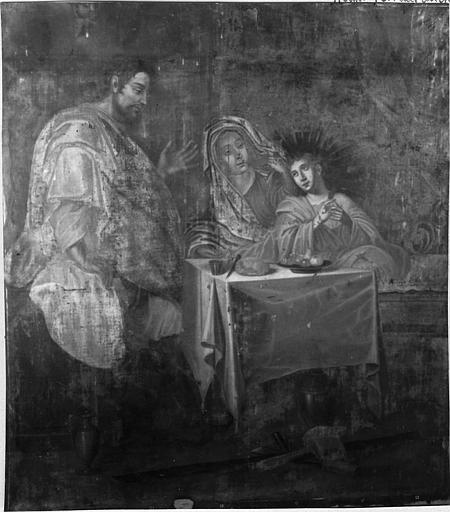 Tableau : 'La Sainte Famille', avec le Christ adolescent, vue rapprochée de la scène centrale, huile sur toile