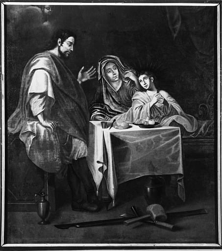 Tableau : 'La Sainte Famille', avec le Christ adolescent, huile sur toile ; après restauration