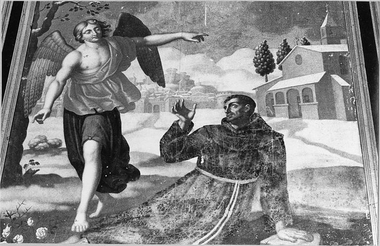 Tableau : 'Saint François d'Assise devant l'église de Portioncule', huile sur toile