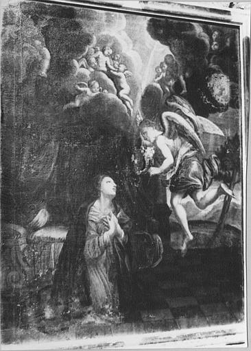 Tableau, cadre : 'L'Annonciation', huile sur toile, cadre en bois noirci et doré - © Ministère de la Culture (France), Médiathèque du patrimoine et de la photographie (objets mobiliers), tous droits réservés