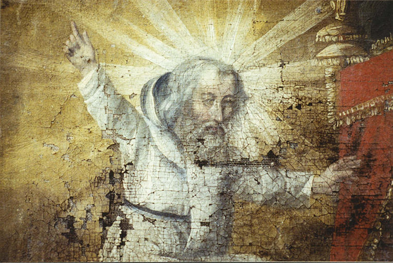 Ex-voto : 'Intercession auprès de saint Montan', détail du visage du saint, huile sur toile - © Ministère de la Culture (France), Médiathèque du patrimoine et de la photographie (objets mobiliers), tous droits réservés