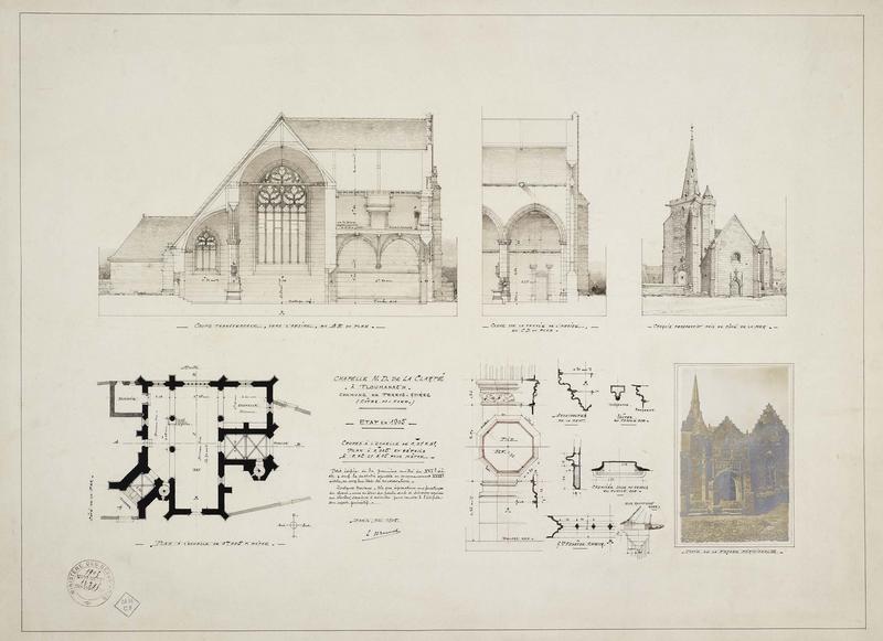 Plan, vue perspective prise du côté de la mer. Coupe longitudinale vers l'abside, coupe sur la travée de l'abside, détails. État en 1905