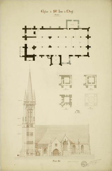 Plan de l'église, plan du clocher, élévation de la façade sud