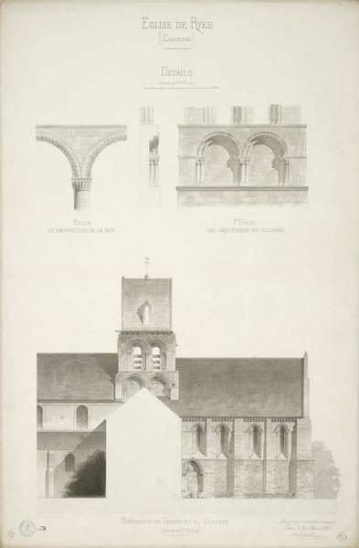 Élévation du choeur et du clocher, pilier et archivolte de la nef, premier étage des arcatures du clocher