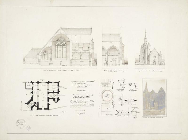 Plan. Vue perspective prise du côté de la mer. Coupe longitudinale vers l'abside. Coupe sur la travée de l'abside. Détails. Etat en 1905