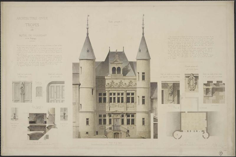 Élévation de la façade principale. Plan du rez-de-chaussée. Détails