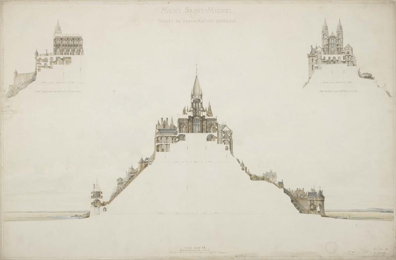 Projet de restauration. Coupe transversale nord-sud ; Coupe transversale de la seconde travée de la nef ; Coupe longitudinale de la nef