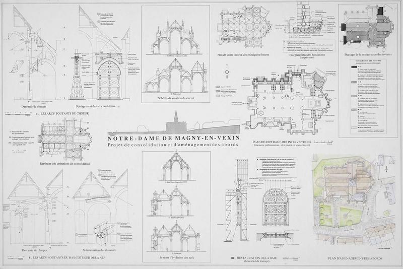 Projet de consolidation : coupes sur les arcs-boutants du choeur, schéma d'évolution du chevet, plan de voûte, plan de repérage des interventions, schémas d'évolution des nefs, plan d'aménagement des abords