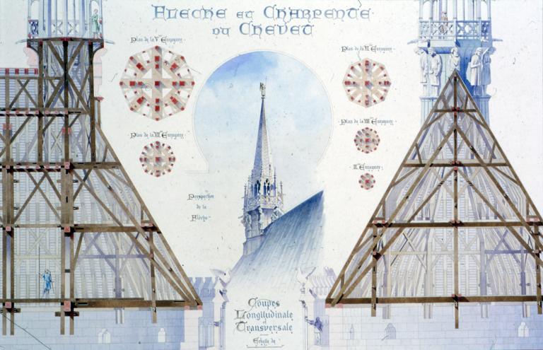 Dessin (coupe longitudinale et transversale) de la flèche et de la charpente du chevet