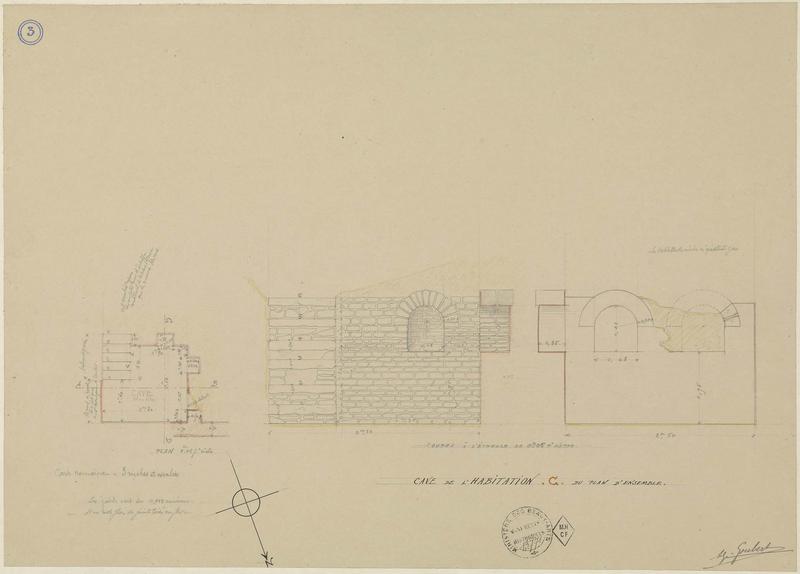 Cave de l'habitation C du plan d'ensemble. Plan et coupes