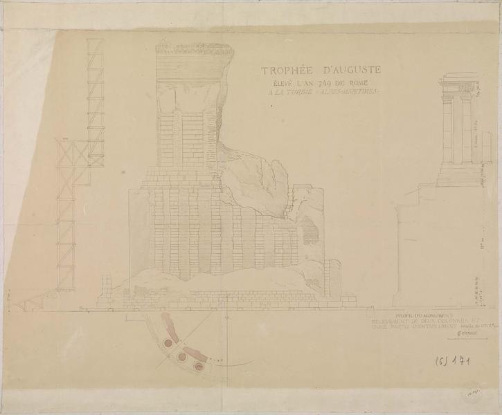 Plan partiel. Élévation Profil côté avec l'indication de la remise en place des deux colonnes et d'une partie de l'entablement