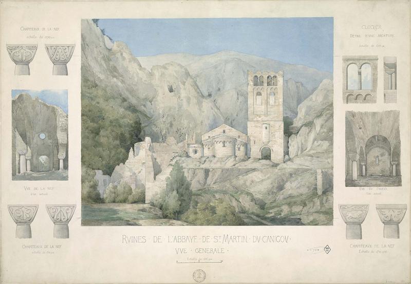 Vue perspective de l'abbaye ; Vue perspective de la nef ; Vue perspective du choeur : détails des chapiteaux de la nef ; Détail d'une arcature ; état actuel