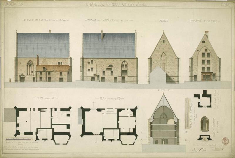 Deux plans à des niveaux différents : plan du second étage de la tourelle d'angle, élévations des façades, coupe et détails ; Plan et élévation de la piscine