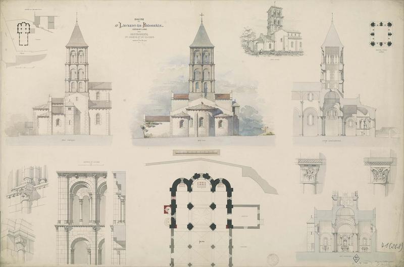 Restauration du choeur et du clocher : plans, élévations, coupes longitudinale et transversale, détails des chapiteaux, vue en perspective de l'état actuel