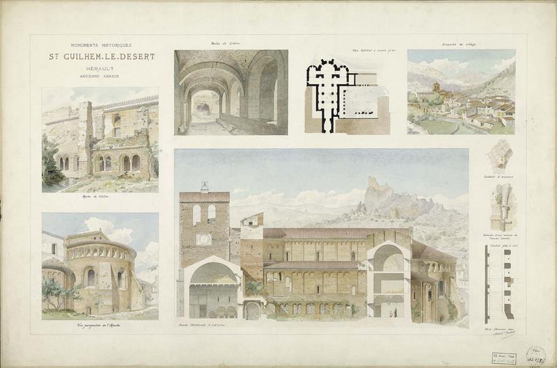 Vues intérieure et extérieure du cloître, vue perspective de l'abside, plan général, façade méridionale, vue du village, corbelet d'arcature, retombée d'une nervure de l'ancien lavabo, plan du cloître