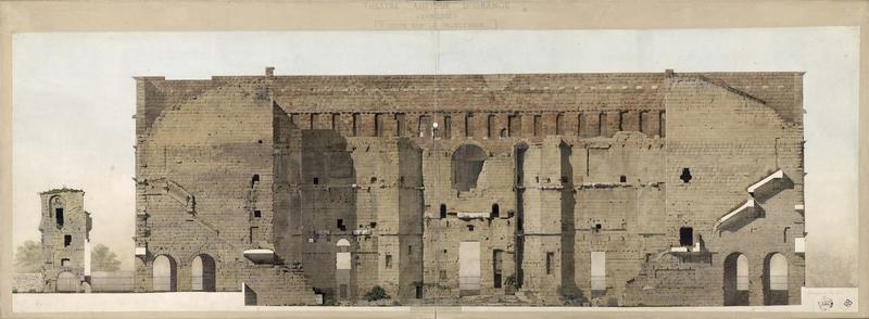 Coupe sur le proscenium, élévation du mur de scène