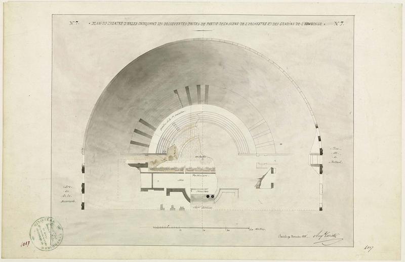 Théâtre antique : plan indiquant les découvertes faites de partie de la scène de l'orchestre et des gradins de l'hémicycle