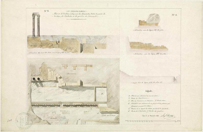 Théâtre antique : plan indiquant les découvertes faites de partie de la scène de l'orchestre et des gradins de l'hémicycle, élévation du mur de scène sur la ligne AB du plan, coupe sur la ligne GH du plan, élévation sur la ligne EF, élévation sur la ligne CD