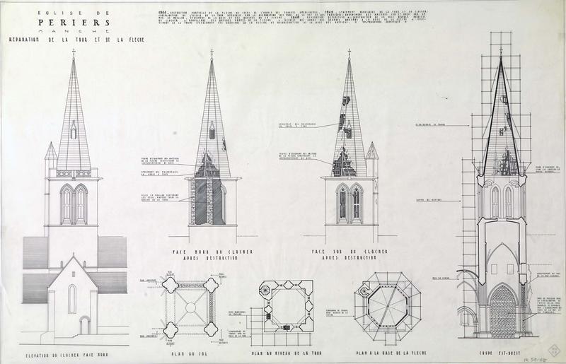 Restauration de la tour et du clocher au niveau du sol, restauration de la tour et de la flèche. Élévations des façades nord et sud du clocher après et avant restauration. Coupe est-ouest avec indication des travaux de 1944 à 1948