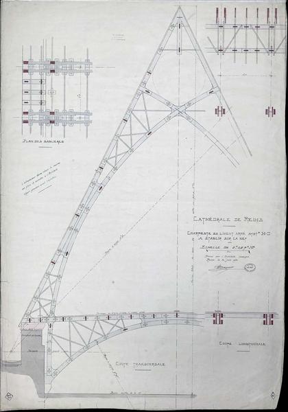 Charpente en ciment armé à établir sur la nef, coupe longitudinale, coupe transversale, plan