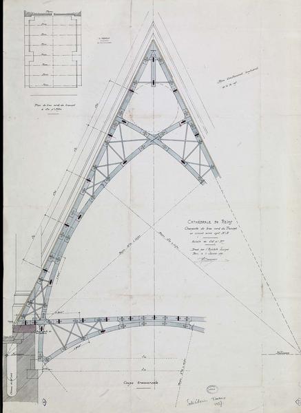 Charpente du bras nord du transept en ciment armé, plan, coupe transversale