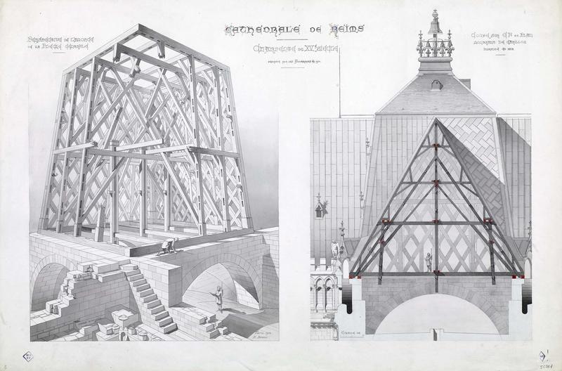 Charpente du XVème siècle, perspective flèche centrale, coupe