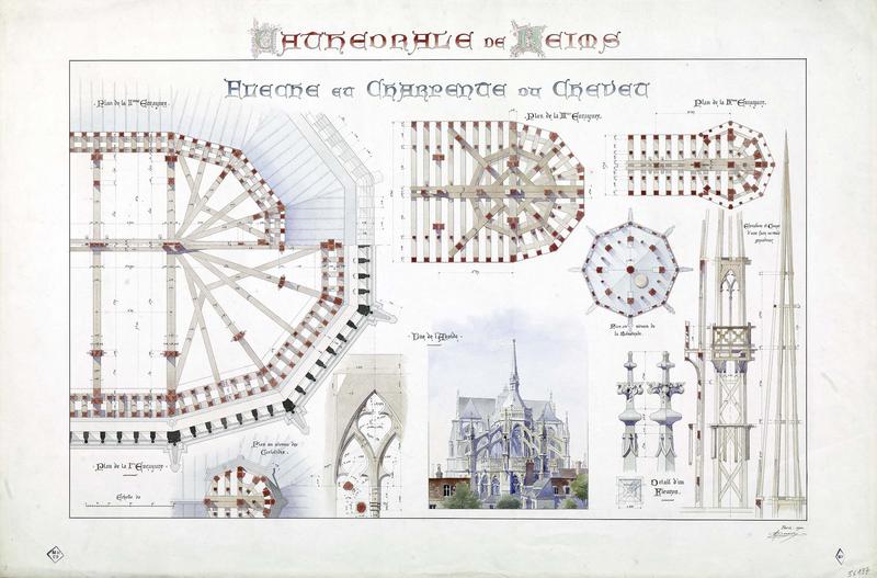 Flèche et charpente du chevet, plans des enrayures, des cariatides, vue abside