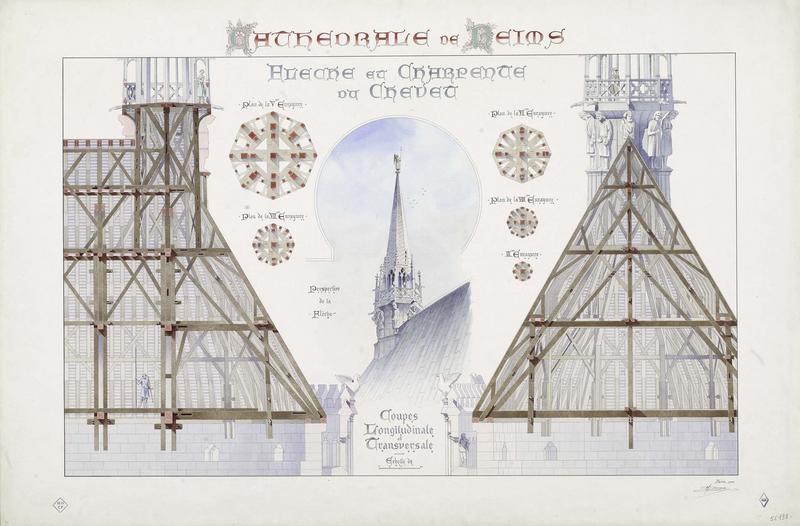 Flèche et charpente du chevet, coupes longitudinales et transversales, plans