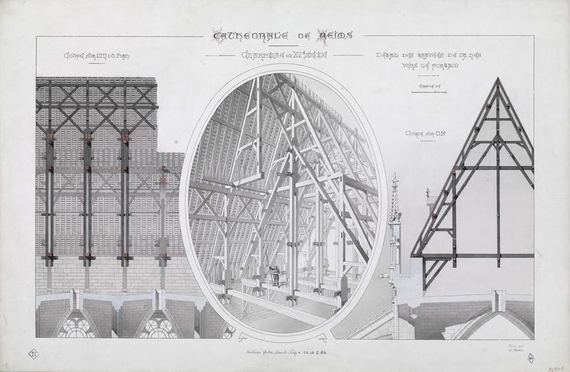 Charpente du XVème siècle, coupes, détails des travées nef vers portails