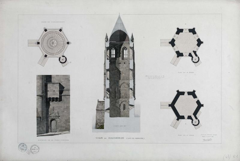 Coupe de la tour, porte d'entrée, plans. Projet de restauration