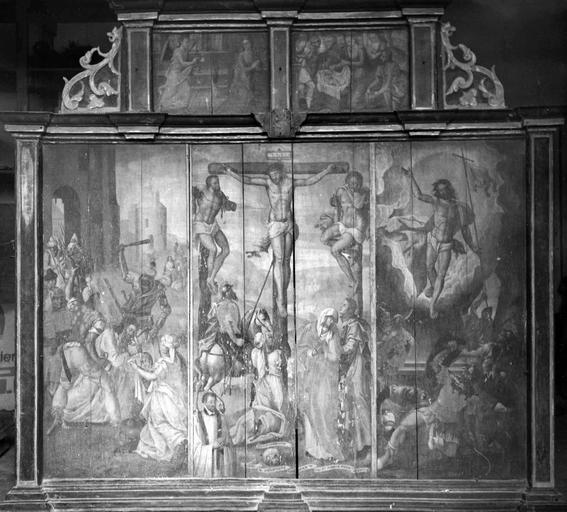 retable : scènes de la Passion, bois peint, 1590, avant restauration