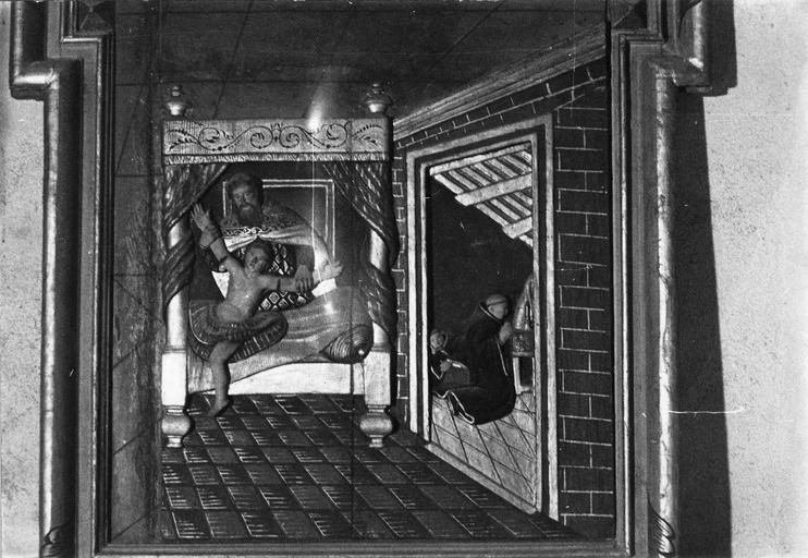 Bas-relief : scène avec des moines bénédictins, épisode de l'ancienne abbaye de Lézat, bois sculpté, peint, doré - © Ministère de la Culture (France), Médiathèque du patrimoine et de la photographie (objets mobiliers), tous droits réservés