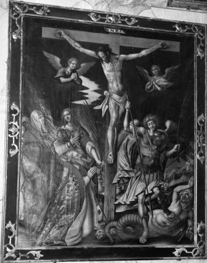 Tableau : Le Christ en croix avec la Vierge, un saint évêque (saint Philippe Néri ?), une sainte martyre (sainte Agathe ?) et saint Michel terrassant le démon, huile sur toile - © Ministère de la Culture (France), Médiathèque du patrimoine et de la photographie (objets mobiliers), tous droits réservés