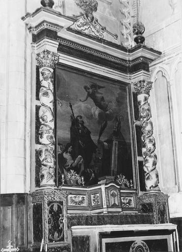 Tabernacle, retable, tableau : Saint Roch et un saint évêque (saint Valier ?), retable architecturé à un niveau, huile sur toile, bois sculpté, peint, doré