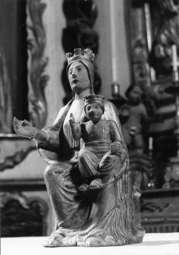 Statuette : Vierge à l'Enfant assis, couronnés, bois sculpté, peint, doré (trois-quart)